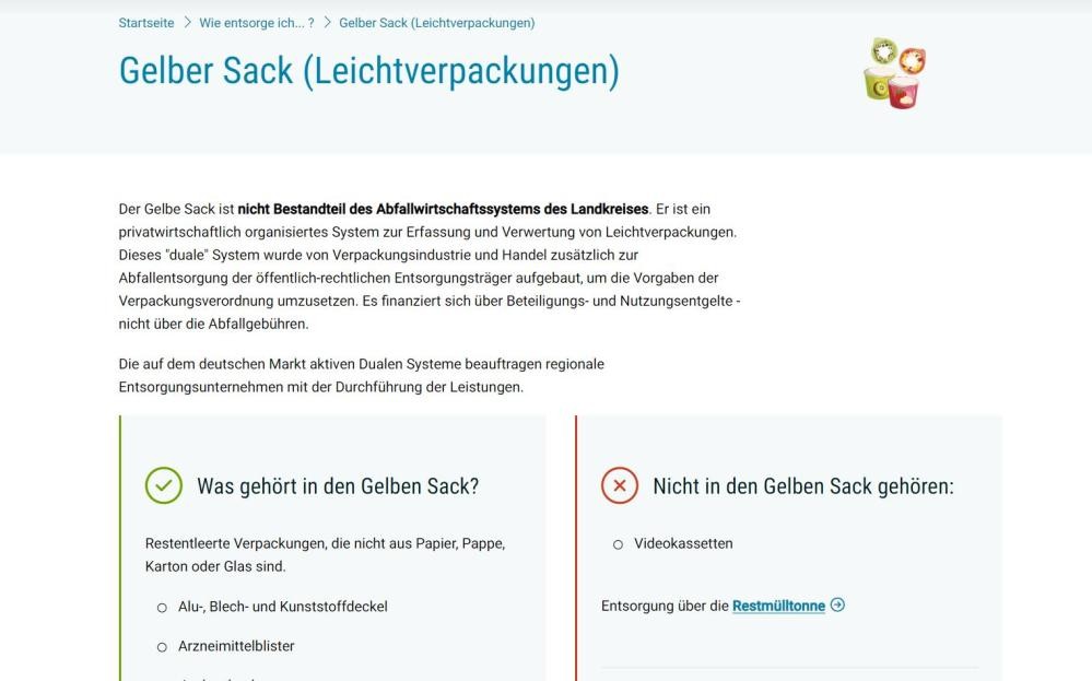 Inhaltsbereich der Seite "Gelber Sack"